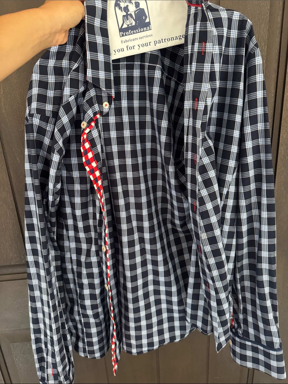 Men's Black & White Checked Dress Shirt with Red Accent